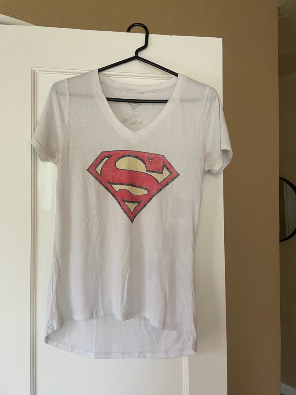 Vintage White V-Neck Superman Logo Women's Tee